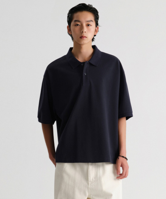 무신사스탠다드 오버사이즈 크롭 피케 폴로 셔츠 네이비 1625363