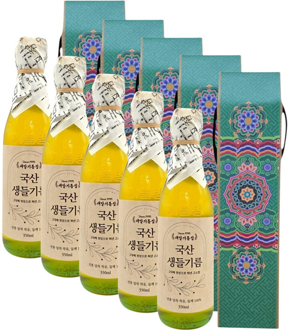 국산 100% 냉압착 생들기름 350ml 실속선물세트 볶지않은 통들깨, 5개