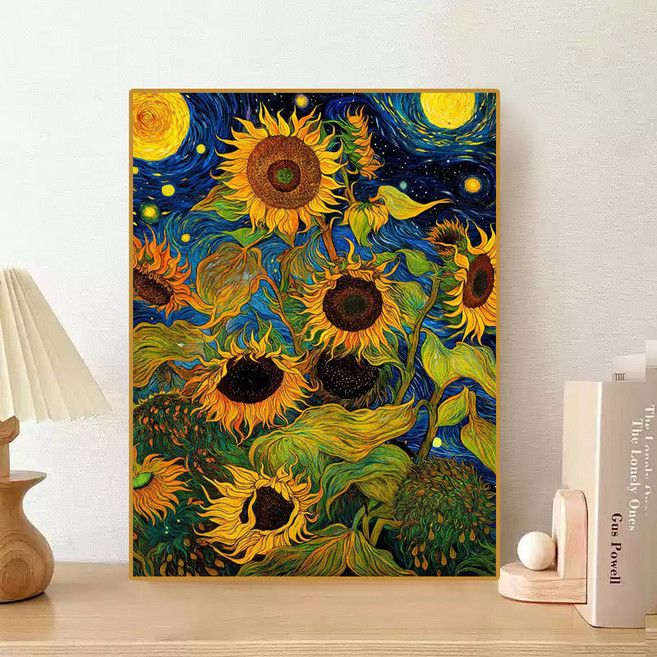 반 고흐의 별빛 속 화려한 해바라기를 그린 수제 채색 벽걸이 그림 3D보석십자수 캔버스형 액자 세트 행복과 행운을 불러오는 명화, ZL-245, 60*80cm (액자 없음), 1개