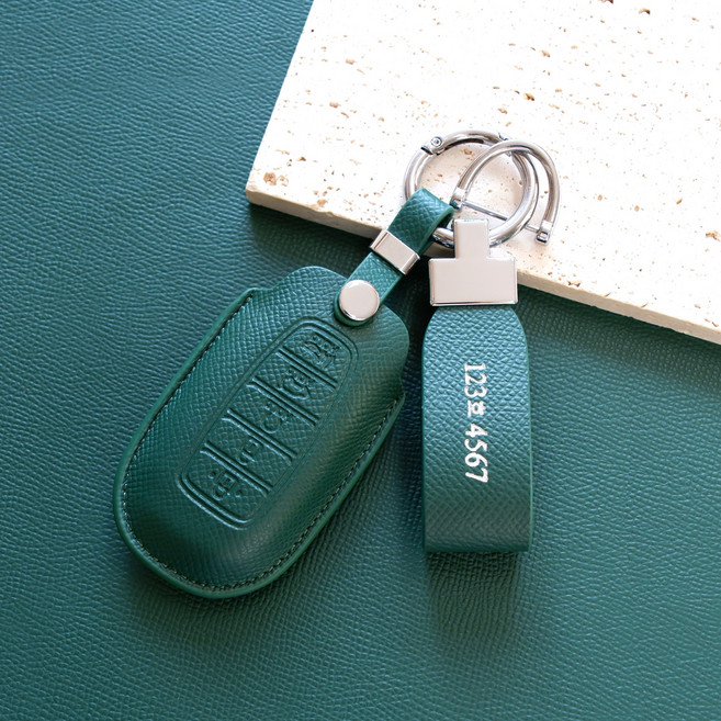 (무료각인) 트니르 현대 호환 그랜저IG 올뉴아반떼 CN7 팰리세이드 I30 벨로스터 코나 베뉴 싼타페 차 키케이스 가죽 + 키링 차량용품 키홀더, 현대D타입(5버튼), 그린