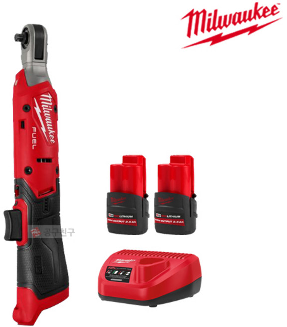 밀워키 M12 FIR14G2-252B 충전 라쳇 12V 2.5Ah 배터리 2팩 6mm (1/4) 엔빌 2세대 모듈형스위치 무선, 1개