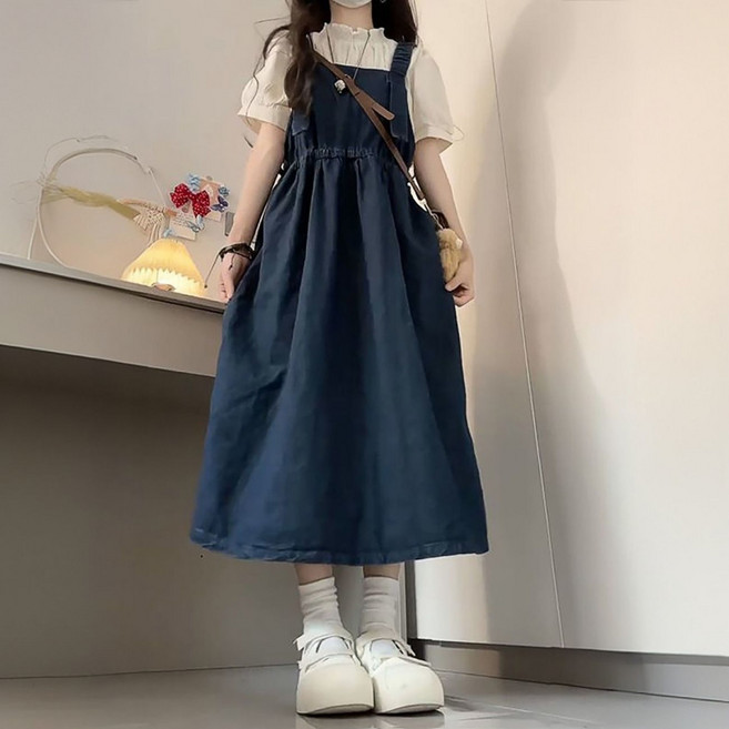 해피유통 클래식 멜빵 롱 원피스 캐주얼 베이직 디자인 디자인14세 이상
