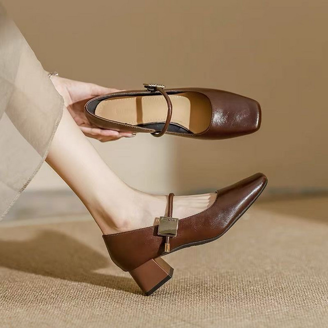 LADYSF 메리제인 여성구두 소프트가죽 미들힐 5cm 펌프스 발편한 데일리 직장인 봄신상 블랙 갈색