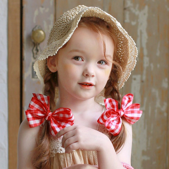 럭키밤비네 여아 체크 리본핀 아동 머리핀 2개세트