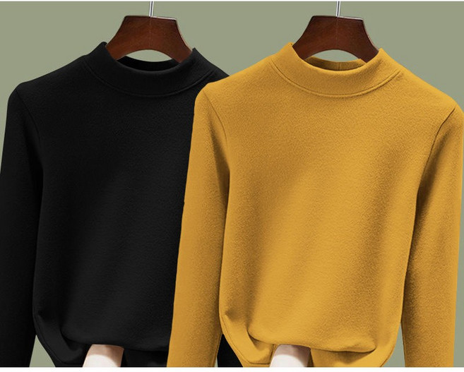 1+1 중년 여성 기모 티셔츠 캐주얼 겨울 도톰 상의 레깅스 슬림핏 긴팔 이너티 심플 무지 반폴라 티셔츠 CY