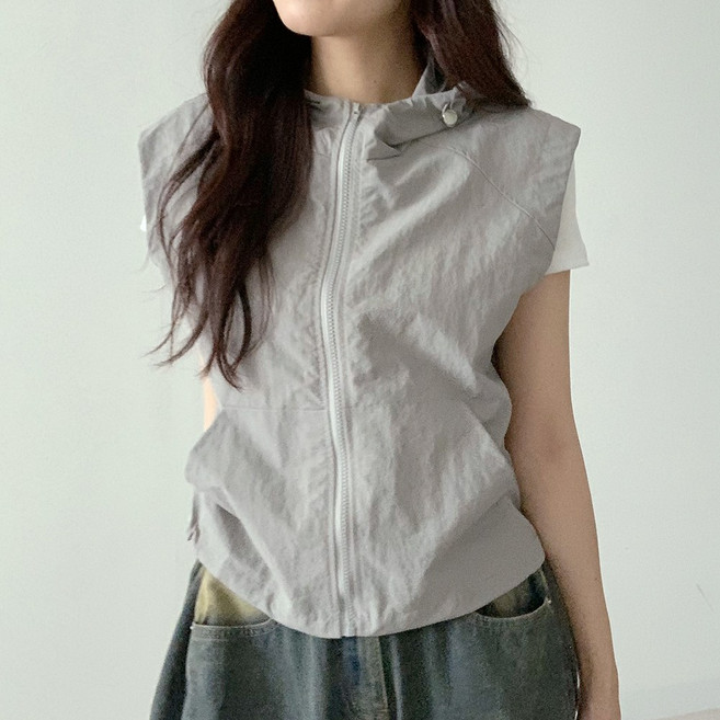 [스트링] 데이지클로젯 하쿠 바람막이 민소매 조끼 후드집업 / 봄 여름 가을 간절기 베스트 아우터 나시 오버핏 루즈핏 학생 교복템 스쿨룩 기본템 데일리 여성 여자 심플 무지 베이직