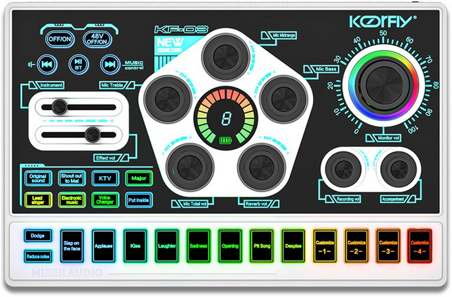 KOORFLY KF-03 방송용 오디오 인터페이스 RGB 사운드카드 노이즈캔슬링 유튜브 48V 마이크 세트, 화이트 (White), [본체단품] KF-03 사운드카드