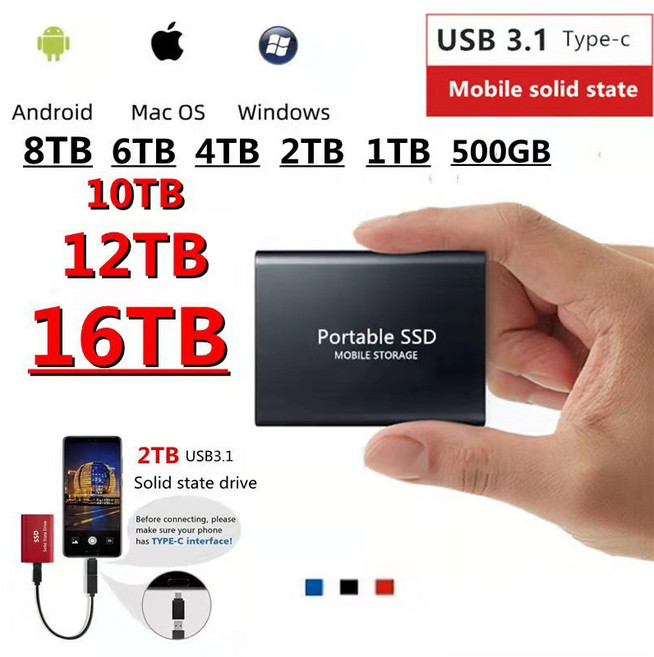 휴대용 외장SSD 고속 솔리드 스테이트 드라이브 대용량 1TB 4TB 8TB USB 지원 노트북 데스크탑 호환, 32TB 블랙, 32TB