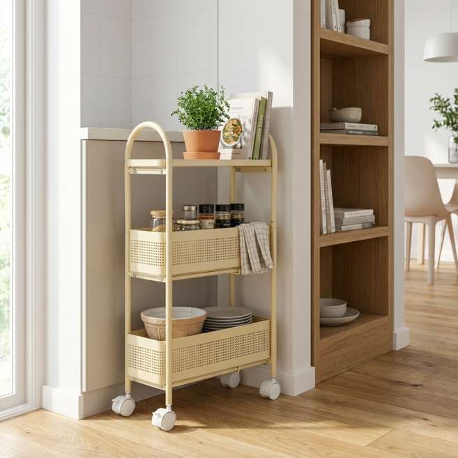 르엘 슬림 이동식 선반 틈새 트롤리, 3단, 옐로우