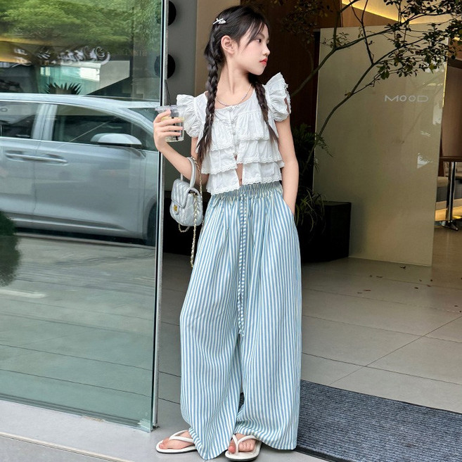 빠빠야네 키즈 주니어 여아 썸머날개 프릴블라우스 블루스트라이프 와이드바지 상하세트 여름