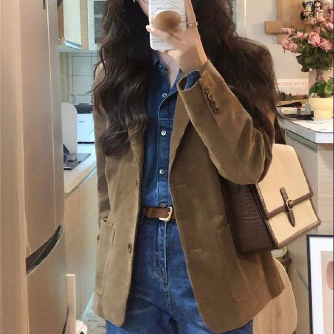 COSYEVNO 봄가을 여성 코듀로이 정장 포켓 슬림핏 숏 코트