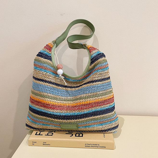 여름 여자 뜨게 가방 컬러풀 스트라이프 니트 크로스백 레더 스트랩 캐주얼 스타일 YLP