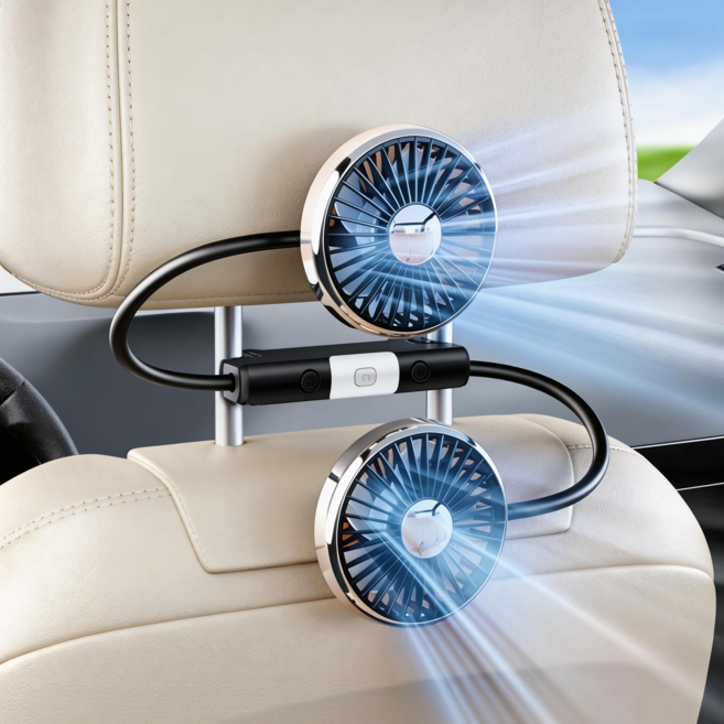 차량용 듀얼 헤드 뒷좌석 전용 미니USB 선풍기, 블랙, 1개
