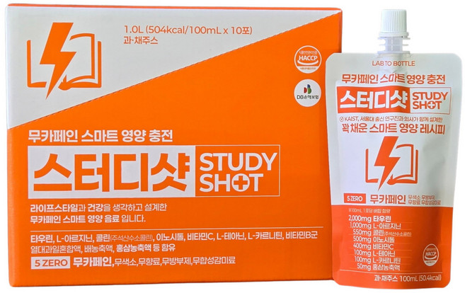무카페인 에너지 드링크 스터디샷 타우린 아르기닌 콜린 이노시톨 테아닌 카르니틴 홍삼 비타민B 비타민C, 30개입, 100ml