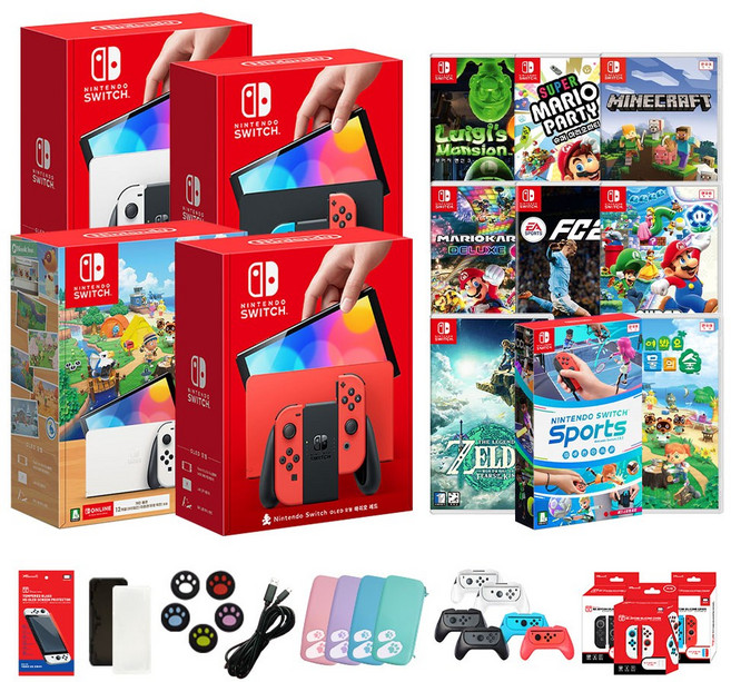 닌텐도 스위치 OLED 본체 선택 + 게임팩 선택 + 악세서리 올인원 패키지, OLED 네온, 5.해피 홈 파라다이스