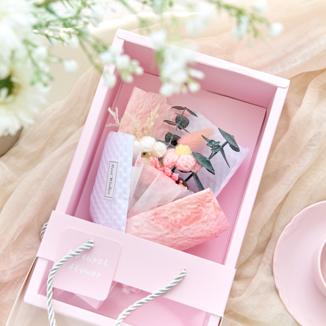 무둥 드라이플라워 프리저브드 꽃다발 선물, 핑크 L