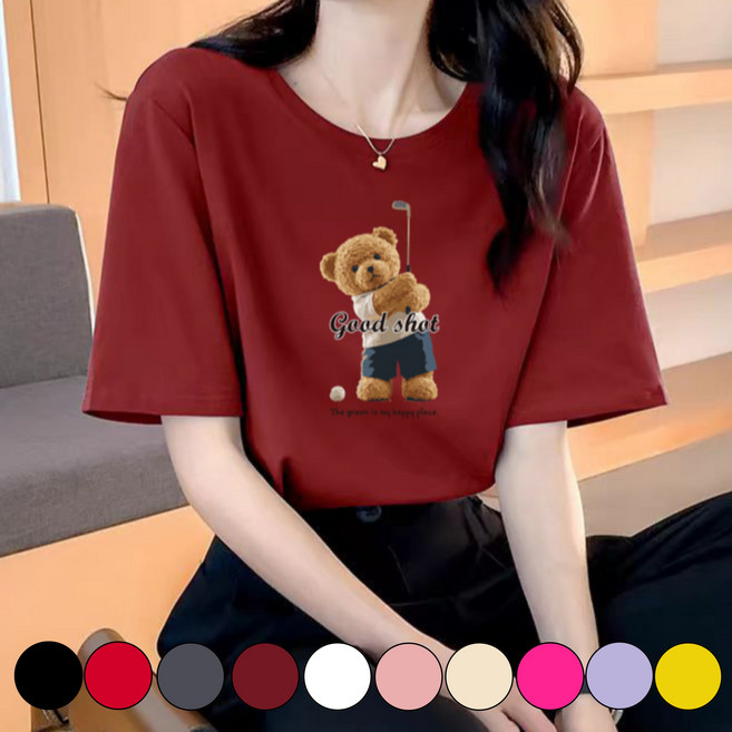 그리내 남여공용 라운드넥 여름 골프 곰돌이 프린팅 시원한 반팔티 커플티 가족티 단체티 동호회 캐릭터 이너 홈웨어 프린팅 티셔츠