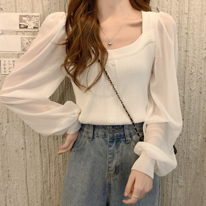 로렌미 슈가 쉬폰 배색 니트 블라우스 S250818FW-8