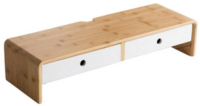 竹製螢幕增高架 雙抽屜收納架 60公分長 白色款, 白色60公分高款