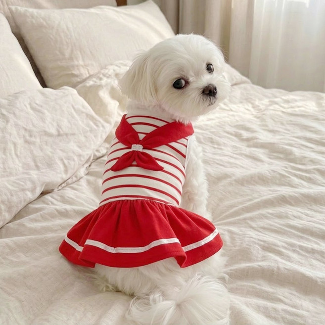 마린룩 스카프 원피스 강아지옷 강아지여름옷, 레드, 1개