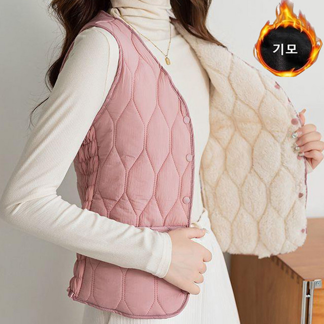 ROYALBELLE 여성 브이넥 기모 안감 슬림핏 심플 디자인 보온 캐주얼 무소매 패딩 조끼 T0121506