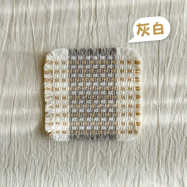 棉麻編織杯墊 森林系野餐風格, 灰白拼色, 1個