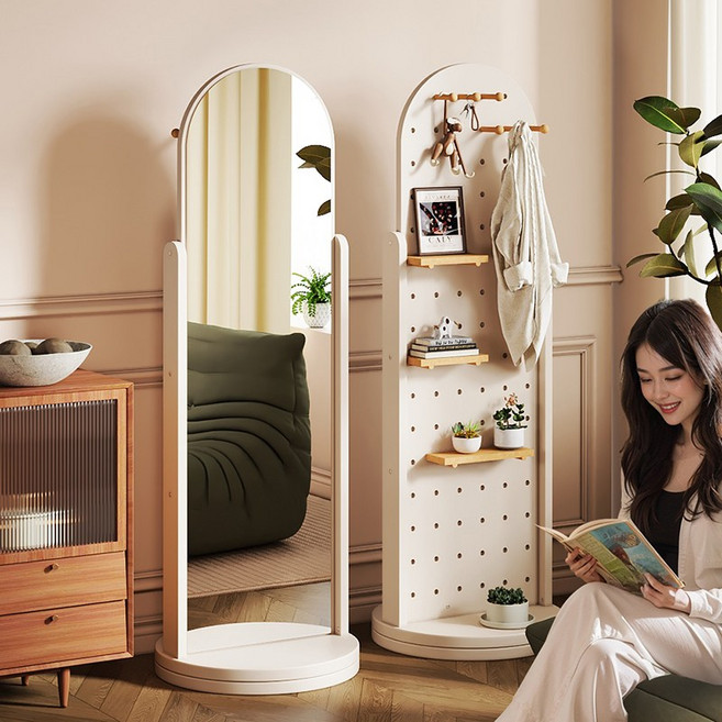 Tooliva 이동식 360도 수납 올인원 파티션 타공판 전신거울 행거, 화이트