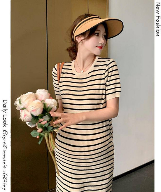 RU STUDIO 條紋流蘇長洋裝 針織連身裙, 杏色條紋-流蘇,F碼（建議48-85kg）