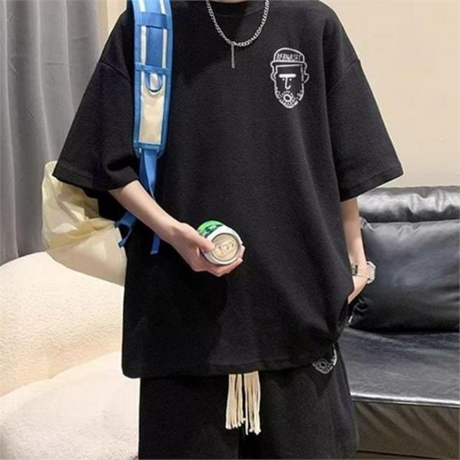남성 반팔 반바지 데일리 트레이닝 상하의 남성 루즈핏 여름 드로스트링 캐주얼 프린팅 라운드 상의 와플