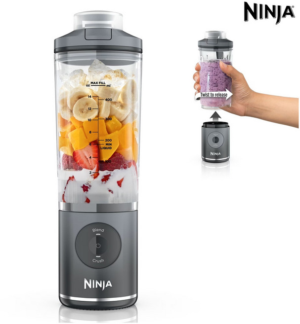 닌자 블라스트 맥스 휴대용 블렌더+트위스트 앤 고 무선 590ml =20온스 용기 셰이크 및 스무디용 (미국정품), 쿨 그레이
