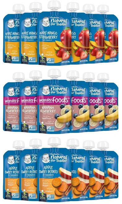 거버 스테이지 2 베이비푸드 퓨레 파우치, 12개, 99g, 어쏘티드 과일 - 쿠팡