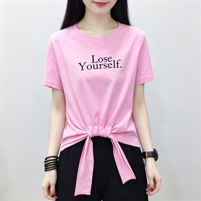 Vezri 여성 여름 패션 캐주얼 프린트 짧은 소매 티셔츠 허리 매듭 디자인