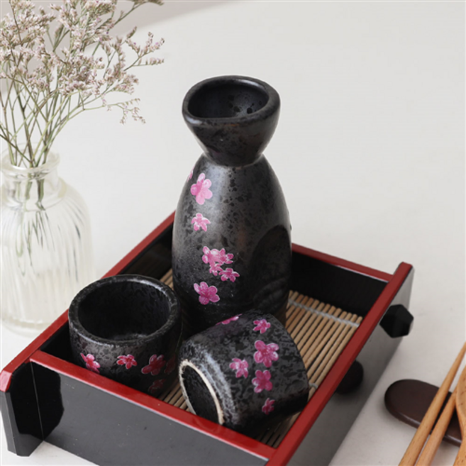 일본 도쿠리 사케병 사케잔 세트 도자기 술병 술잔 2P 독구리 SET, 02)흑매화 소/I-152(도쿠리+술잔2p)