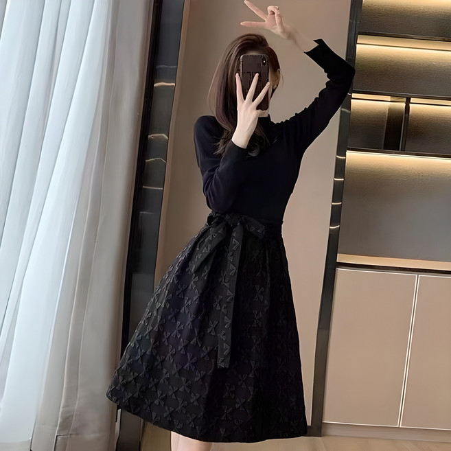 DZX 여성 클래식 A라인 빅사이즈 긴팔 원피스 라운드넥 패션 튜닉 원피스