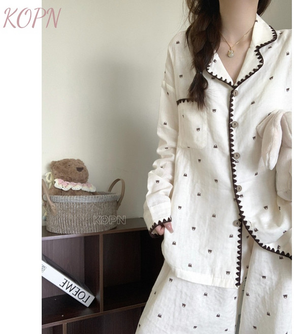 KOPN 잠옷 여성 봄가을 긴팔 긴바지 세트 고급스러운 홈웨어 디자인 외출 가능