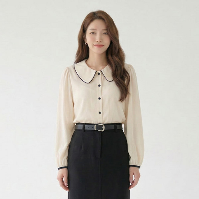 드마엘 여성 엠마 러블리 배색 카라 기본핏 긴팔 블라우스(2color)+델로나