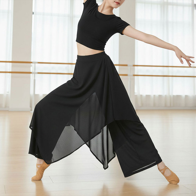 위즈맥스 뮤즈플로잉 여성 무용 와이드 밴딩 팬츠 한국무용 현대무용 쉬폰 치마바지 풀치마 연습복 무용복, S, 블랙