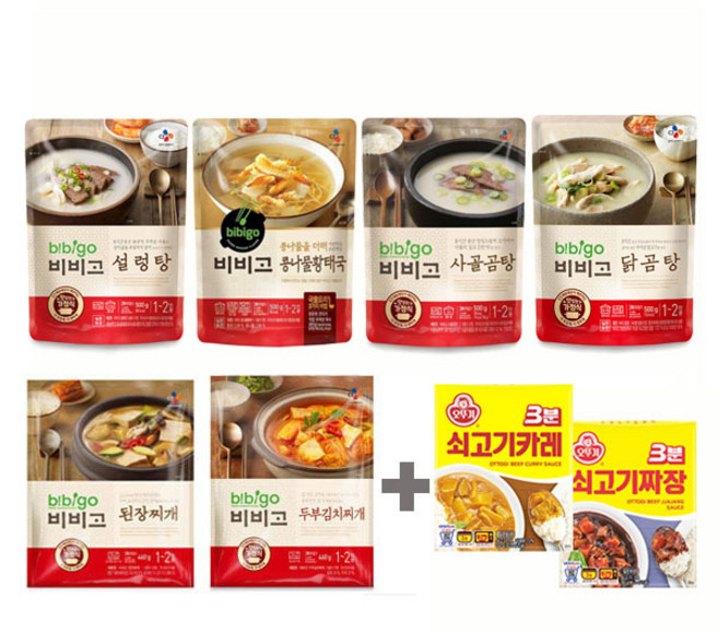 비비고 국 탕 찌개 6종 + 오뚜기 3분 카레+오뚜기 3분 짜장, 1개, 500g