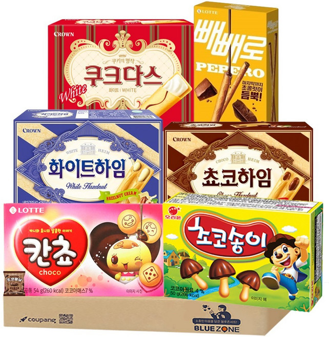 사무실 탕비실 초코과자 세트 칸쵸54g 초코송이50g 빼빼로초코필드53g 초코하임47g 화이트하임47g 쿠크다스화이트77g 몽실22g, 1세트, 혼합