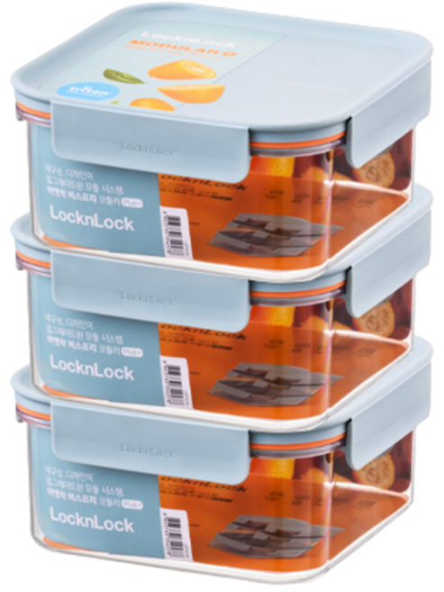 락앤락 비스프리 모듈러 플러스 밀폐용기 정사각 3개 [+가쯔 전자렌지 용기 1개] 세트 냉장고 냉동실 정리 냉동밥보관용기 반찬통, 1L
