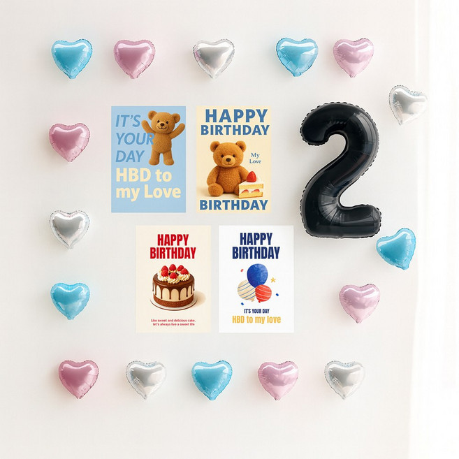 해피제이니 심플 이즈더 미니하트 20개 국산 생일포스터 숫자 호일풍선 생일 파티용품세트, 1세트, 블루 숫자2