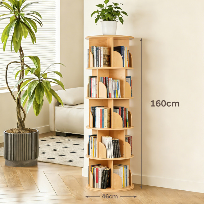 Paradoma 회전 책장 책꽂이 360도 대용량 거실책장 서재 원형 책장, 오크, 5단