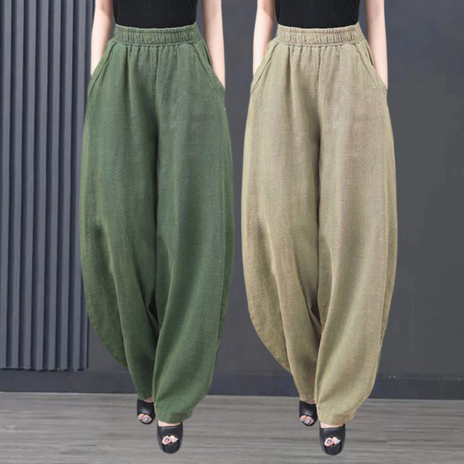 Unique 중년여성 루즈핏 100% 린넨 롱 바지 캐주얼 밴딩 조거 팬츠 빅사이즈 엄마옷 40대50대60대