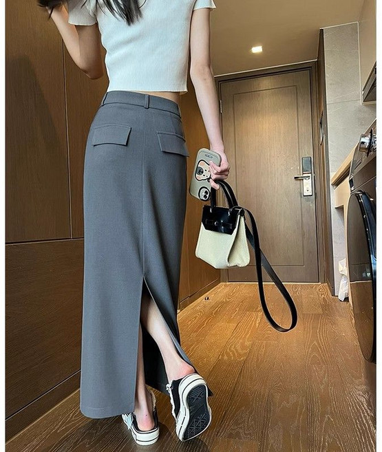 모던한 뒷트임 롱스커트 여성 여름 하이웨스트 슬림핏 포멀 롱치마 데일리룩 세미정장 오피스룩 스커트