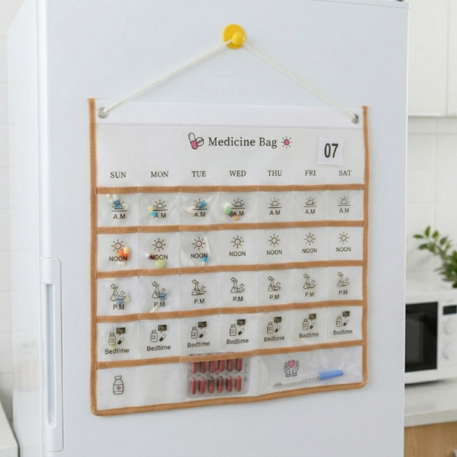 피킷업 한 눈에 보이는 투명 포켓 주간 약 달력, 1개, 화이트