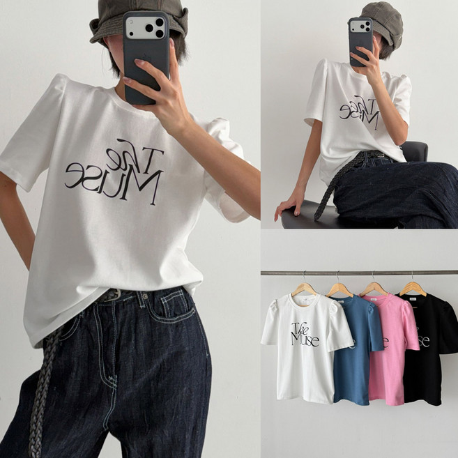 여자 반팔티 더뮤즈 퍼프 숄더 티셔츠 코튼 큐티