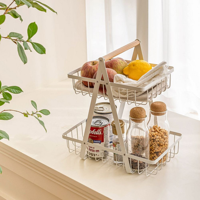 2단 과일 디저트 바스켓 트레이 철제 우드핸들 바구니 jon+25663Kp