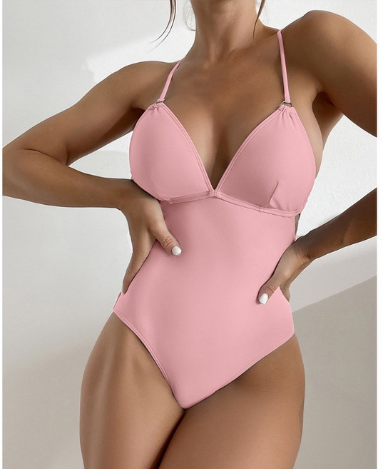 하와이안서프 골드 백크로스 스트랩 섹시 모노키니 - 바디프로필 스트랩 수영복, 연핑크, S(55)