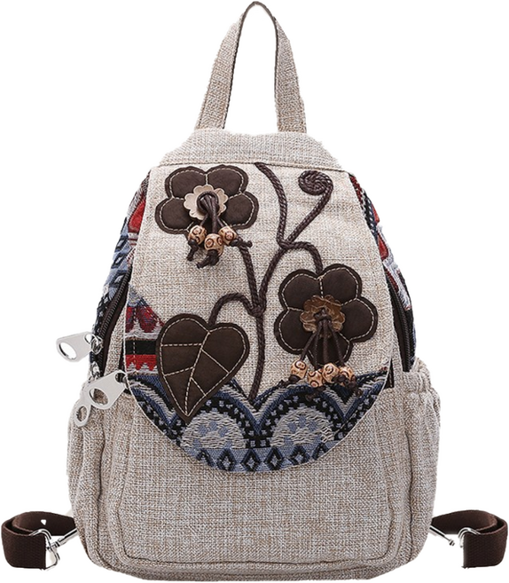 Jisham 여성 백팩 가든 스타일 면 마 가방 수제 캔버스 가방 바캉스 캐주얼 여행 가방