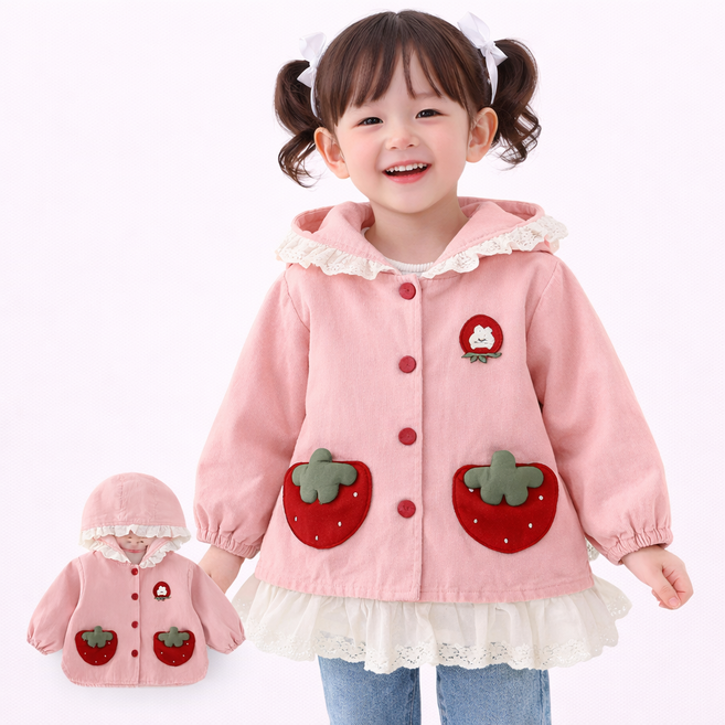 유아 여아 후드점퍼 딸기패치 레이스후드 간절기 점퍼 아동 바람막이 자켓